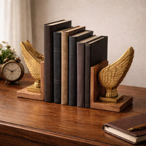 Vintage Gold Wing Bookends Wood Base Heavy Set Made India